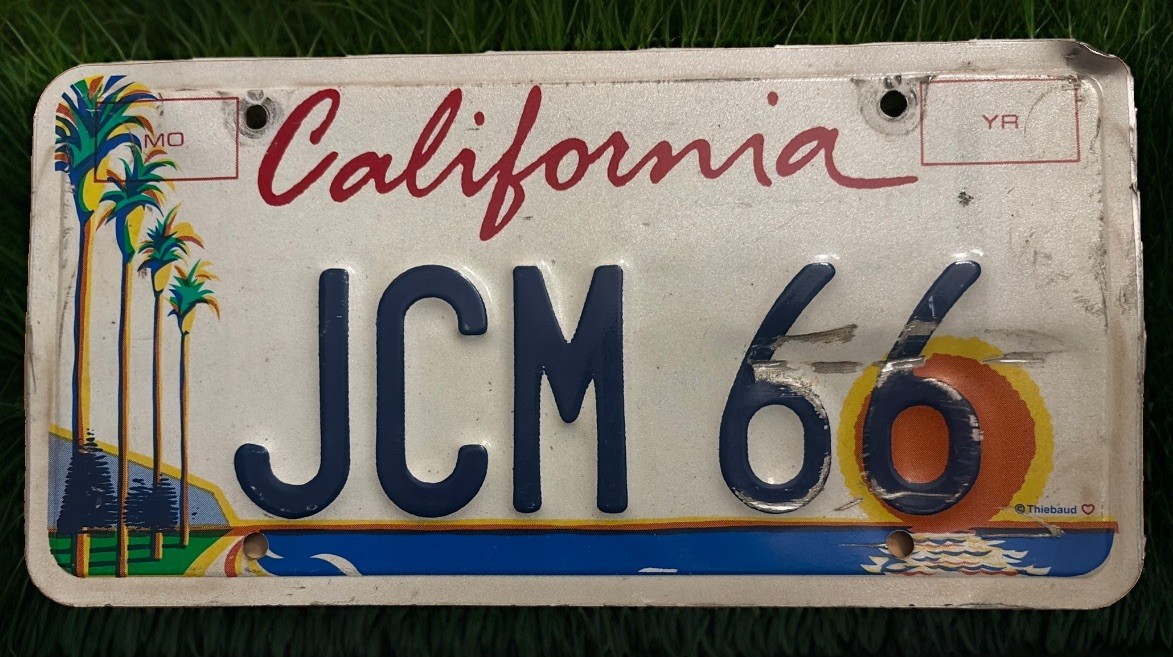California Sunshine Palm Trees Vanity License Plate Tag JCM 66 1966