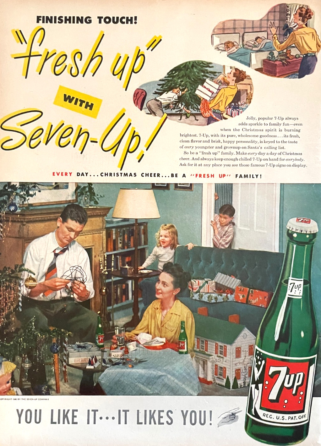 1946 7-Up Christmas Cheer Vintage Print Ad Soda Family Presents Tree