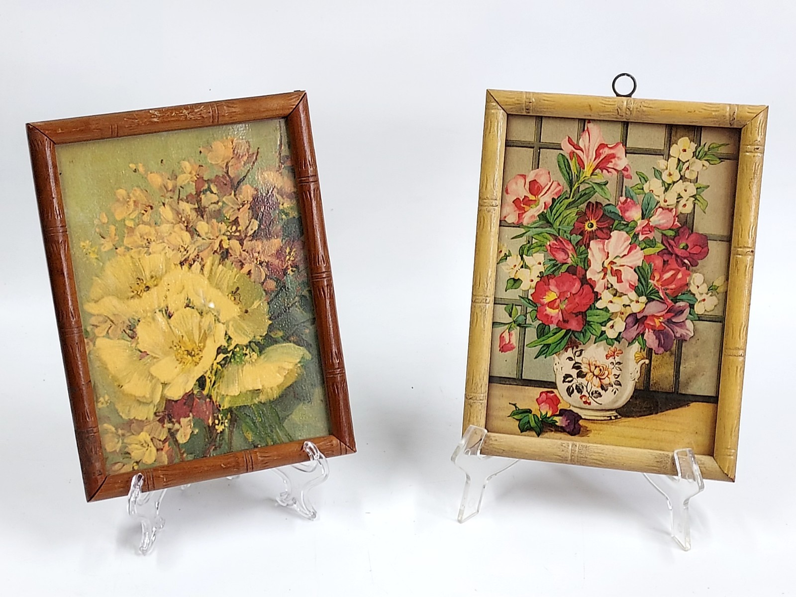 2 Mid Century Pictures Bamboo Style Framed Floral Art MCM Estate Find