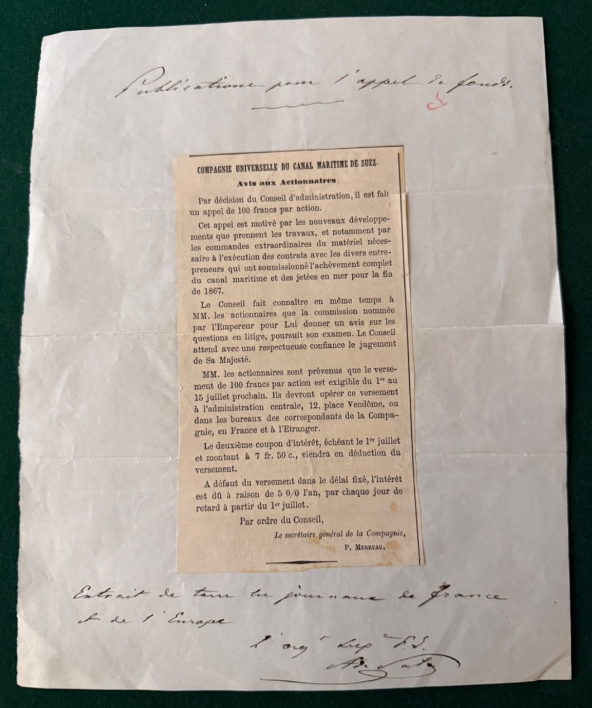 Antique Ferdinand de Lesseps Signed Endorsement Financing the Suez Canal Company