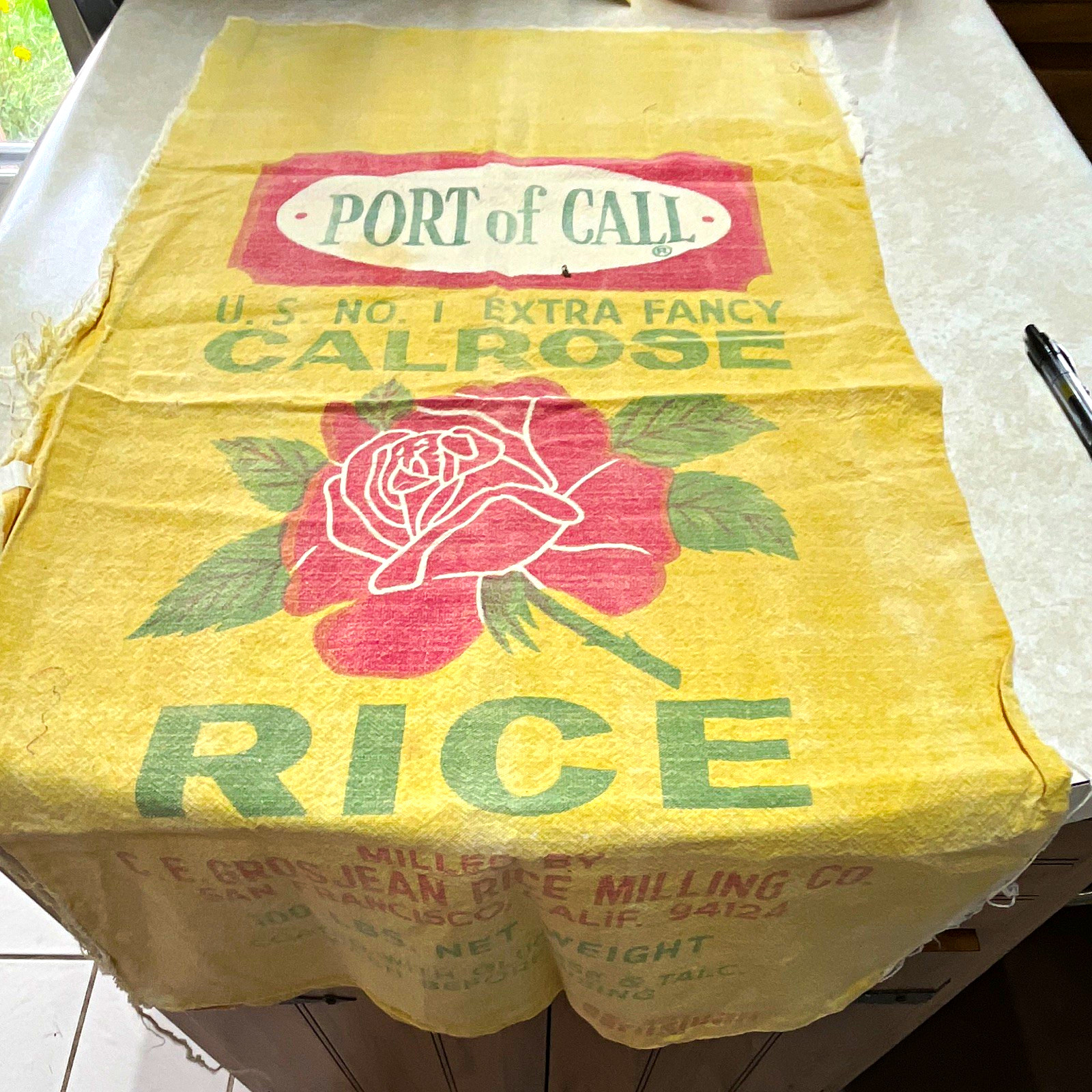 Port of Call Calrose Rice Sack 100 lb Printed Fabric Advertising Bag