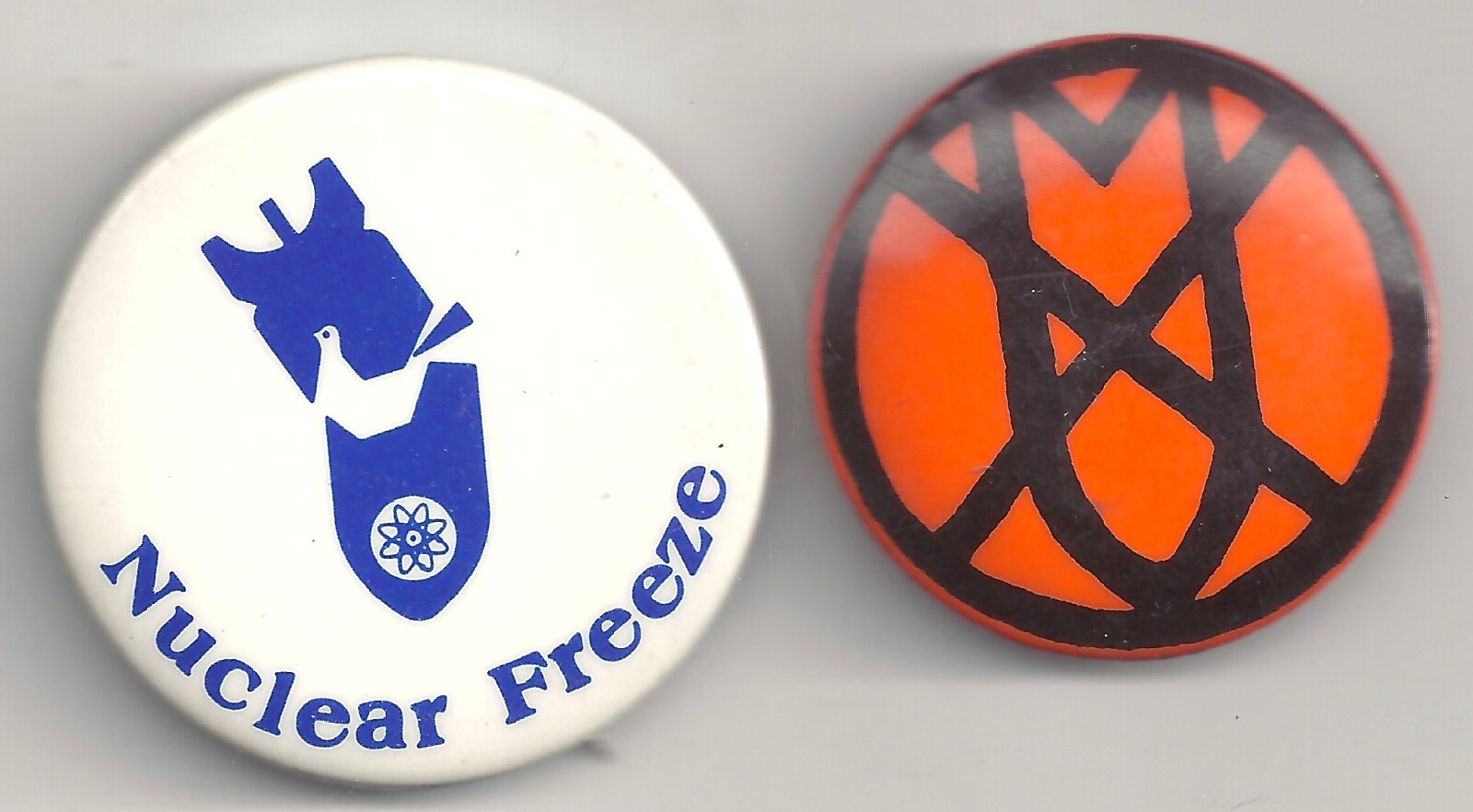 2 Anti-NUKES Pins ~NUCLEAR FREEZE w/ Peace Dove & Graphic X Out NUCLEAR BOMBS