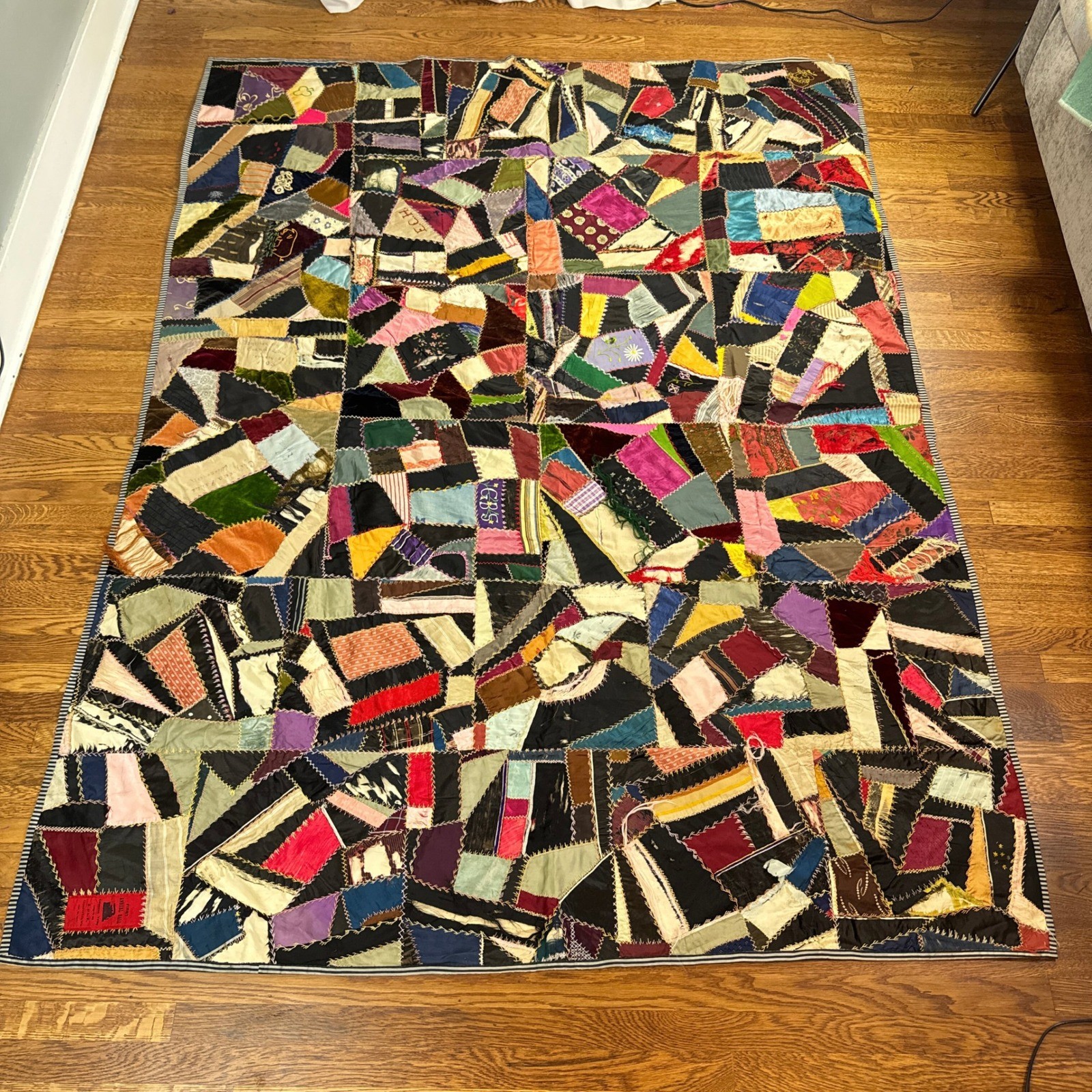 Antique Signed 1903 Crazy Quilt Silk Velvet Embroidered Ribbons 62x82