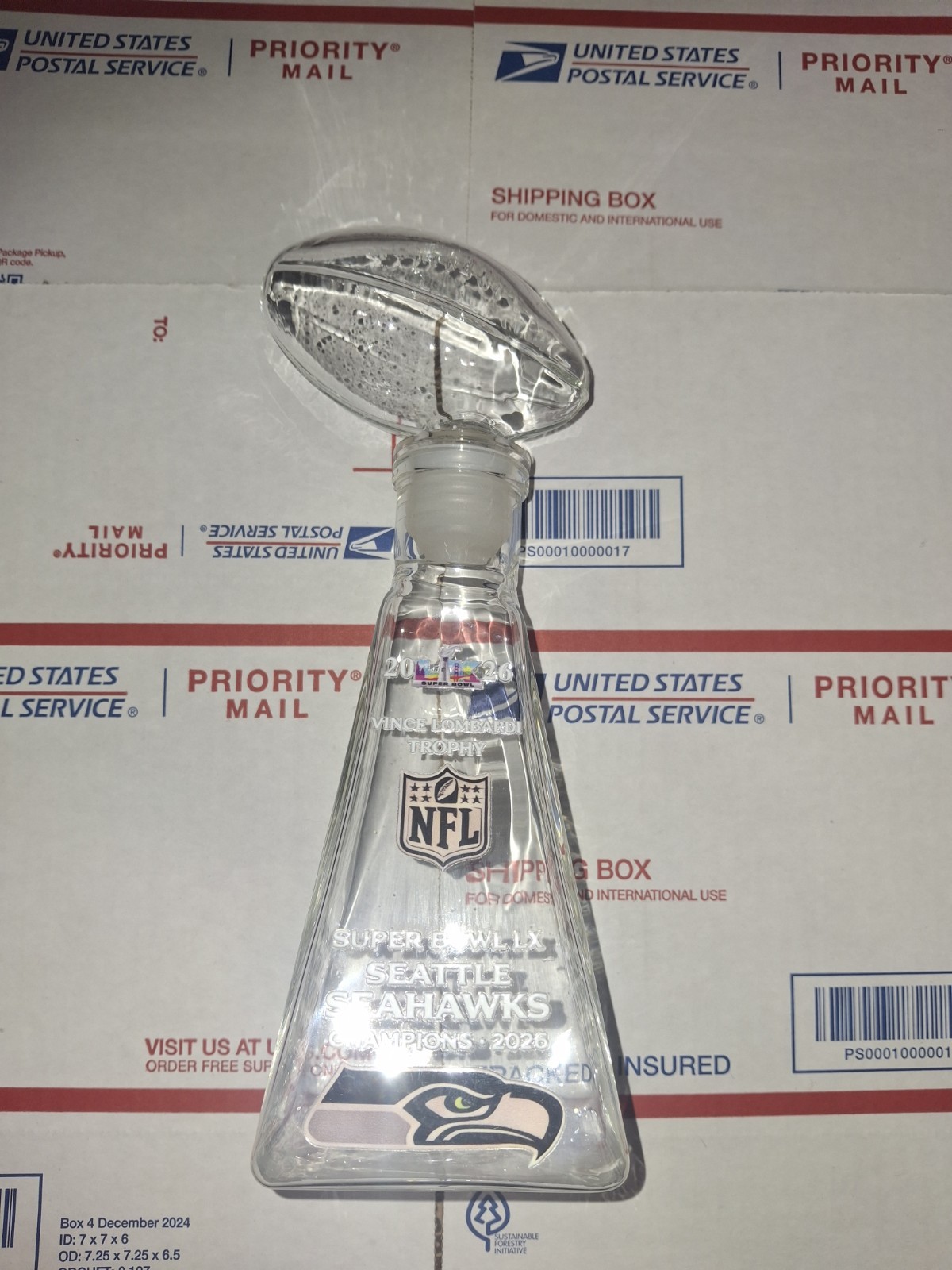 Seattle Seahawks 2026 Super Bowl Lx Champions Nfl Lombardi Trophy Whiskey Bottle