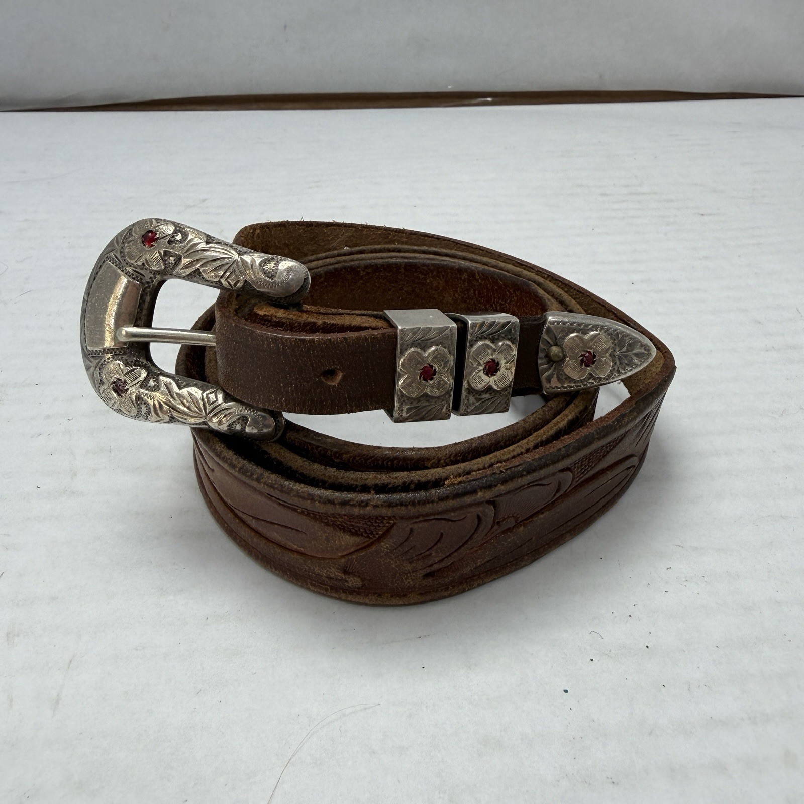 Vintage Don Ricardo Sterling 10K Gold 3 Piece Ranger Belt Buckle Set W/Rubys