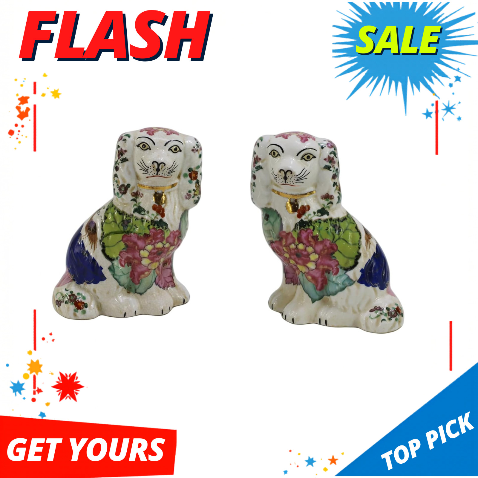 NEW Hand Painted Porcelain Dogs Figurines Mantle Decor 5.9in Pair