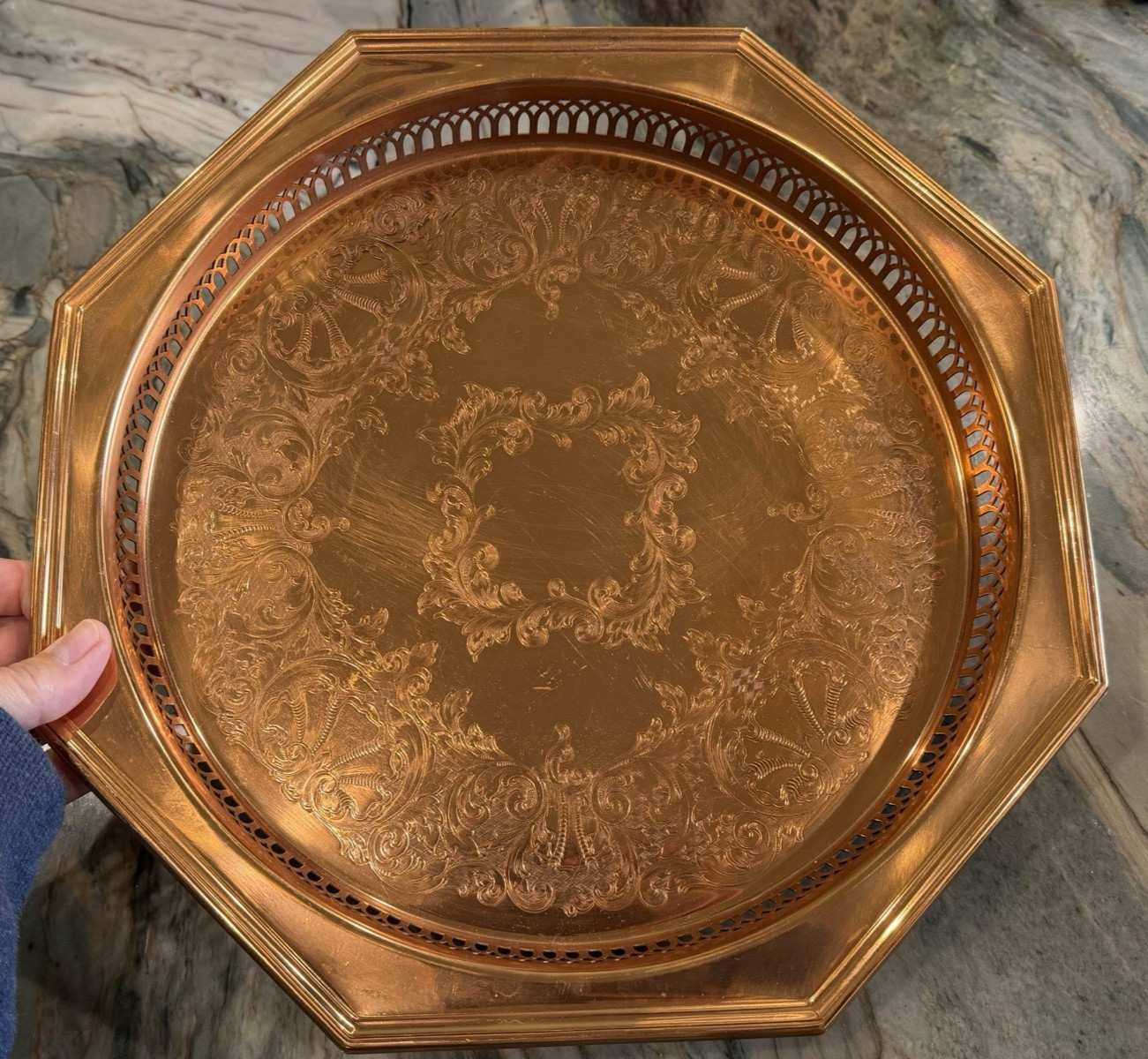 Coppercraft Guild Copper Tray Octaganol Etched Scroll Pierced Sides Fall Decor