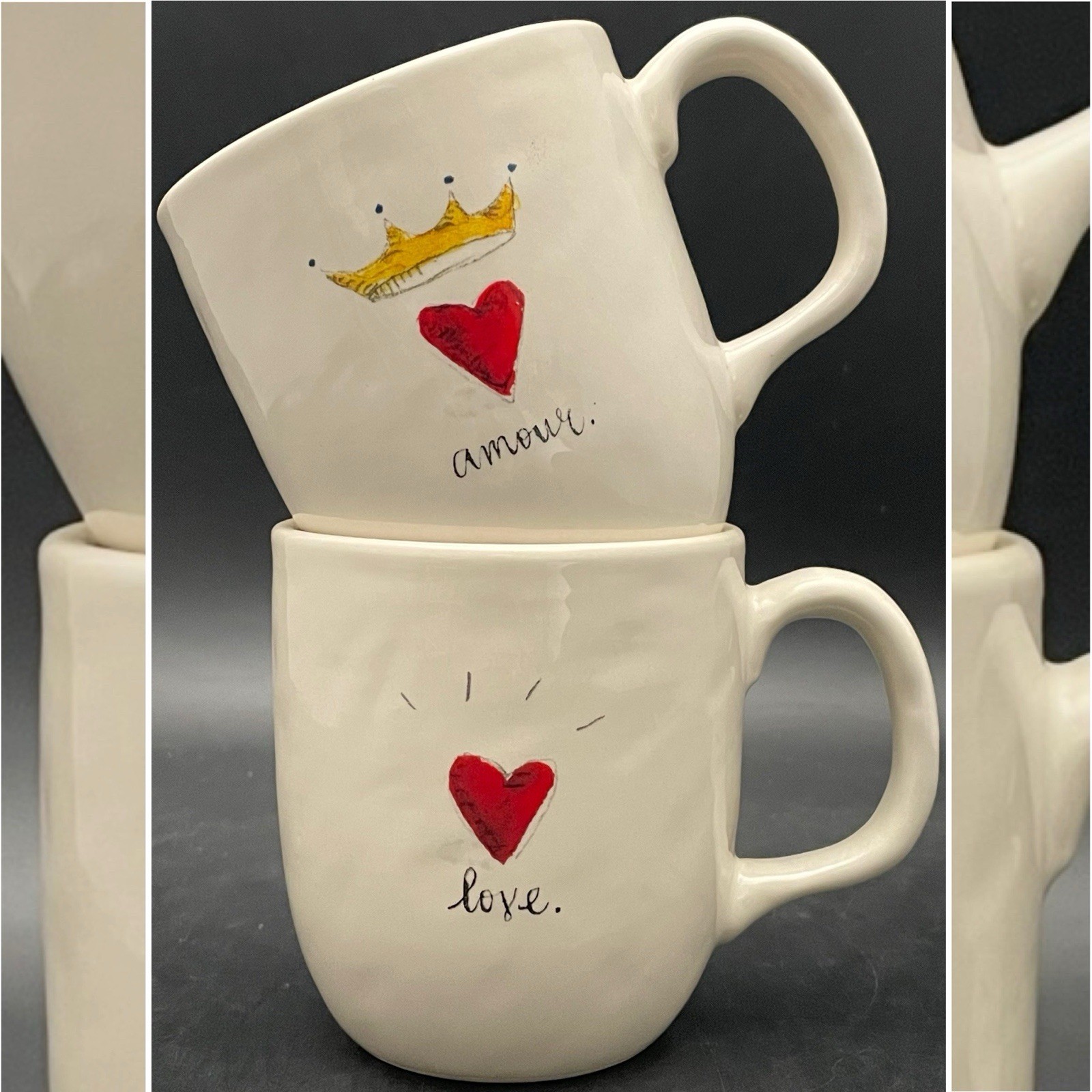 Rae Dunn 2017 Amour & Love 2 Piece Dimpled Coffee Mugs Set Made in China 12oz