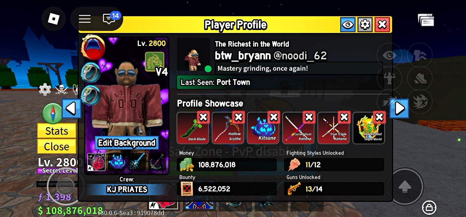 Blox Fruits  Account LvL 2800 108,876,018$ Dragon & Kitsune Owned perm all v4s