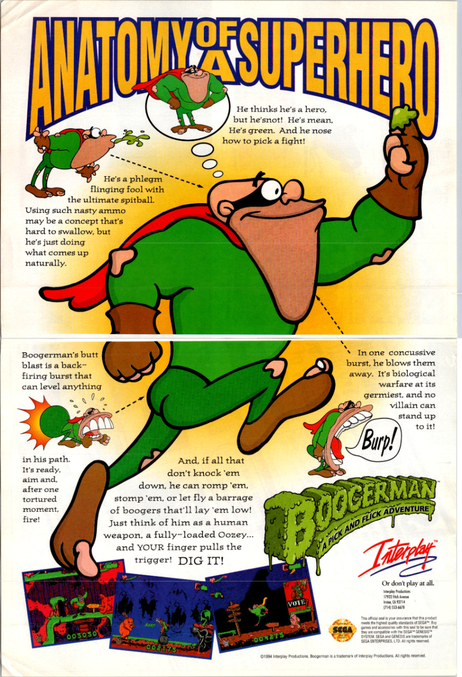 Interplay Boogerman Vintage Magazine Ad 1994 SEGA Genesis Retro Gaming Print