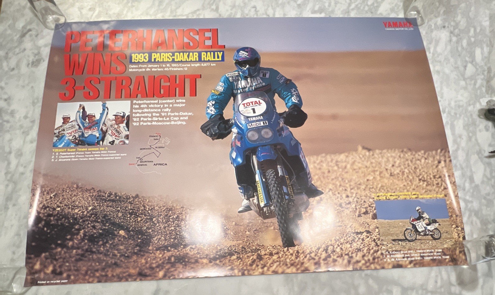 1993 Paris-Dakar Rally Yamaha Peterhansel Winner Poster Approx. 40.5”x28.5”