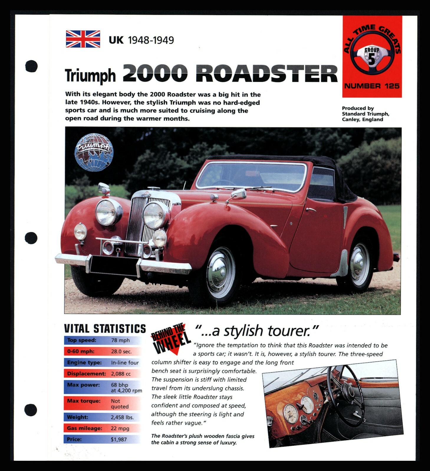 Triumph 2000 Roadster(UK 1948-49)Spec Sheet 1998 HOT CARS All Time Greats #5.125
