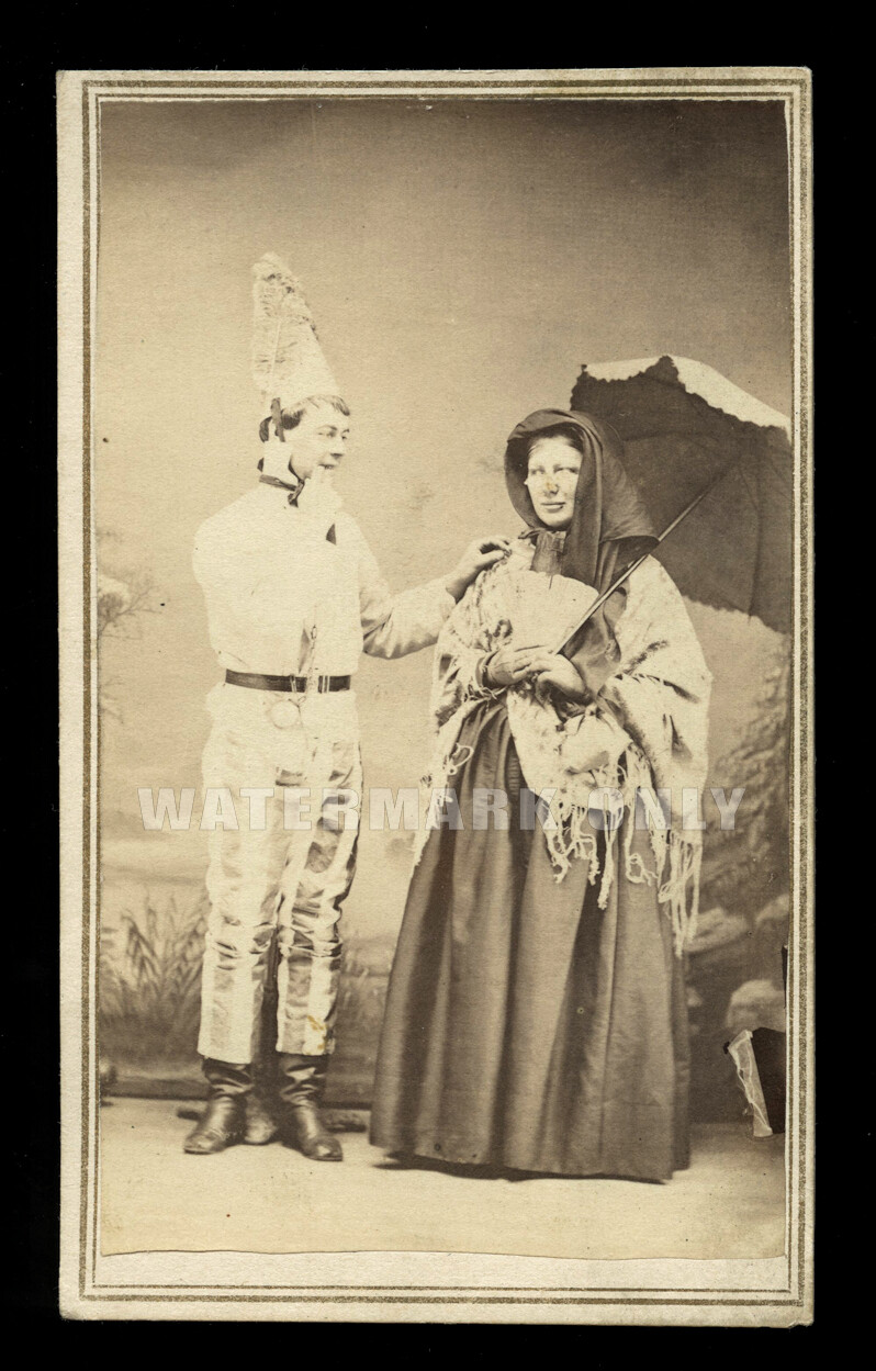 weird 1860s cdv photo dunce or clown & woman painted backdrop Circus Performer
