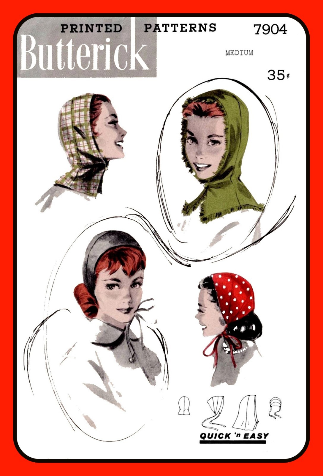 Ladies Fitted HOOD or Cloche CAP Hat Pattern Quick EASY Butterick 7904 Vtg 1956