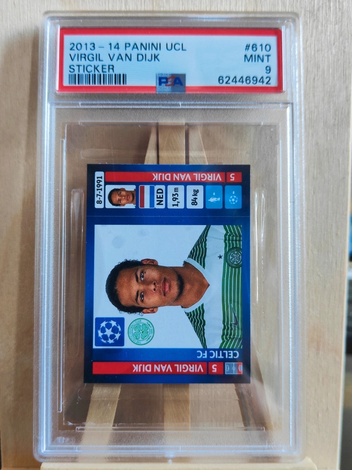 2013 Panini Champions League Sticker #610 Virgil Van Dijk Rookie PSA 9 Mint RC