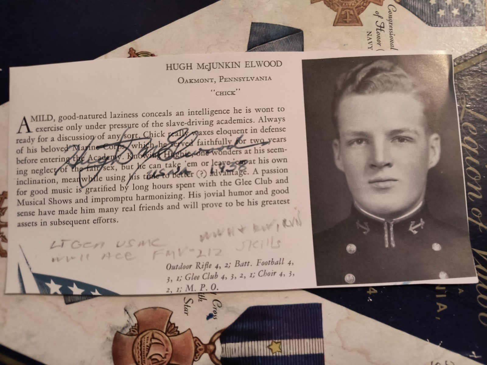 WWII ACE Lt. Gen. HUGH M. ELWOOD. USMC FMV-212 5Vs Signed 1938 USNA Photo SCARCE