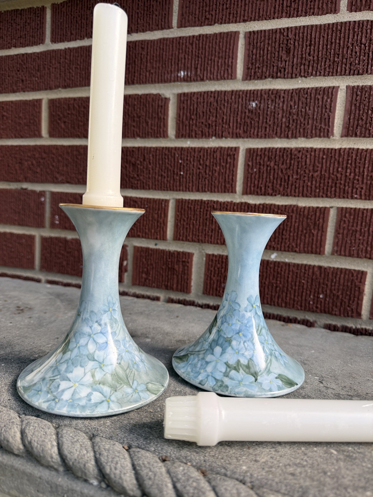 T & V Limoges France Hand Painted w/Gold Rims Candle Holders Signed Blue Floral