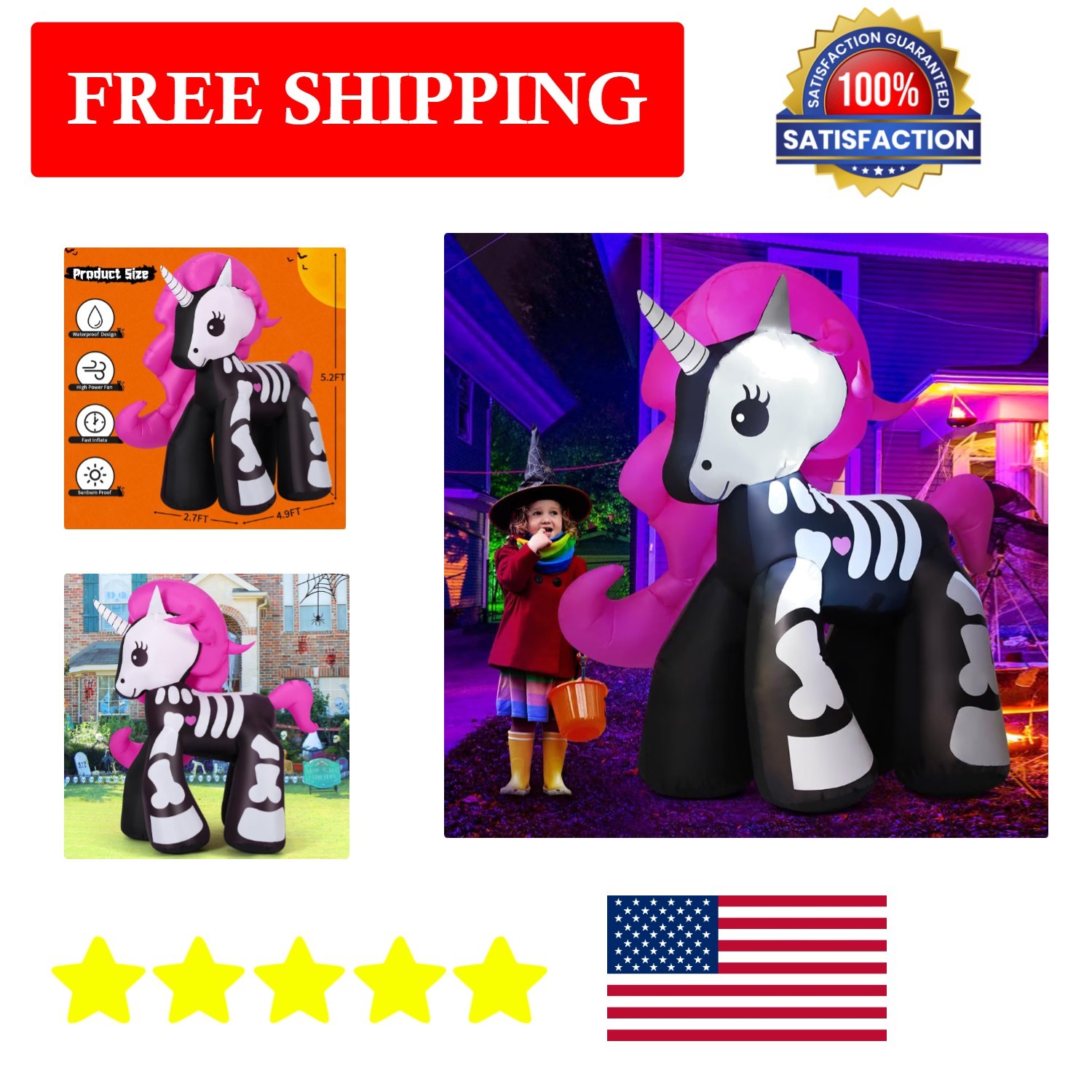 Charming 5.2 FT Halloween Inflatable Unicorn – Eye-Catching Yard Decor with LEDs