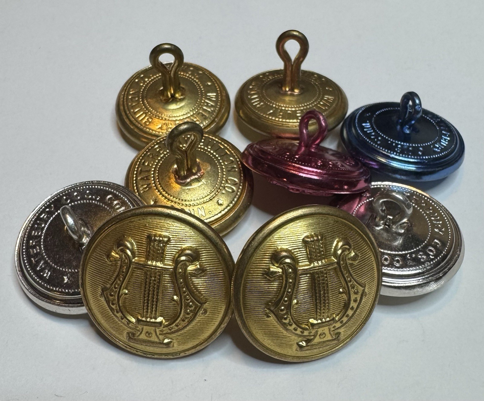Vintage Band Uniform Buttons - Waterbury Conn Mfg - Harp Theme Lot Of 9