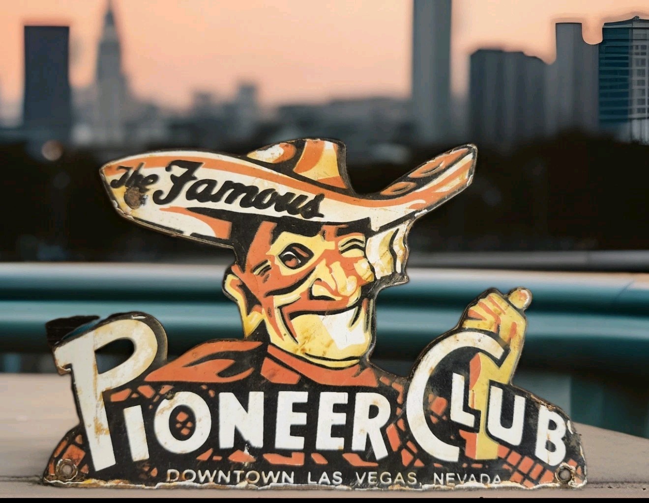Vintage Pioneer Club Porcelain Sign Las Vegas NV Strip Casino Gambling Gas Oil