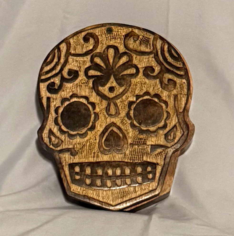 Wood Skull-Shaped Trinket Box with Lid, Carved Sugar Skull, Brown/Black
