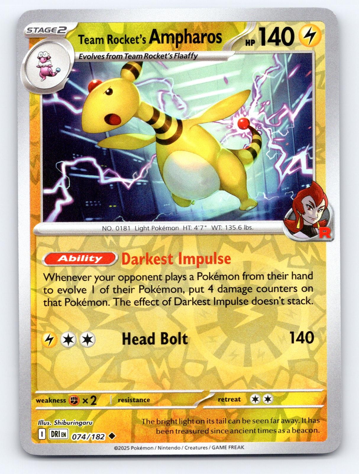 Team Rocket\'s Ampharos 074/182 Uncommon Destined Rivals Pokemon Reverse Holo NM