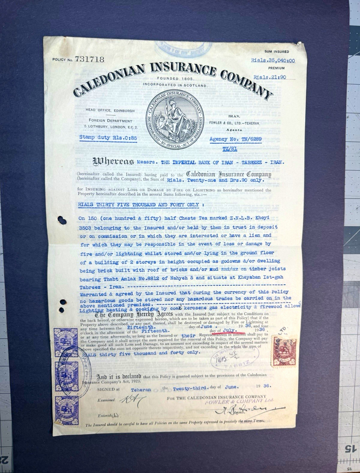 Insurance contract, Imperial Bank of persia, Tabriz's tea shipment, pahlavi era