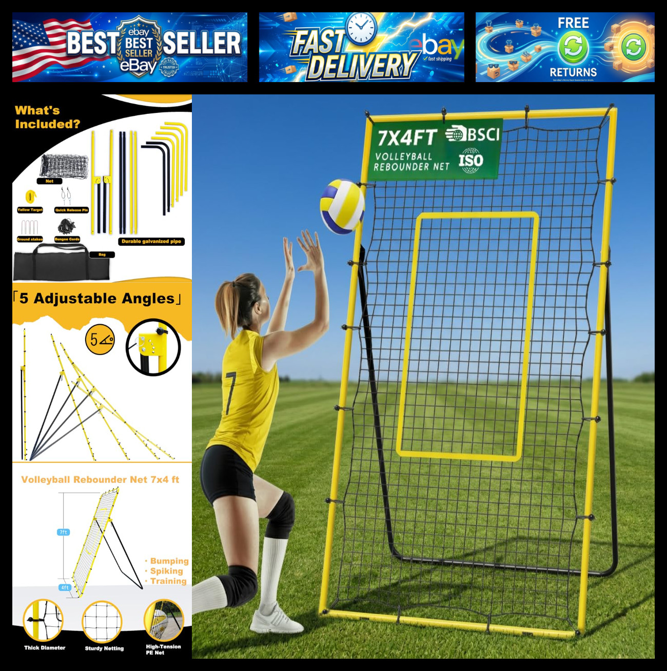 Volleyball Rebounder Net 7x4 ft, Training Equipment with Angle Customization for
