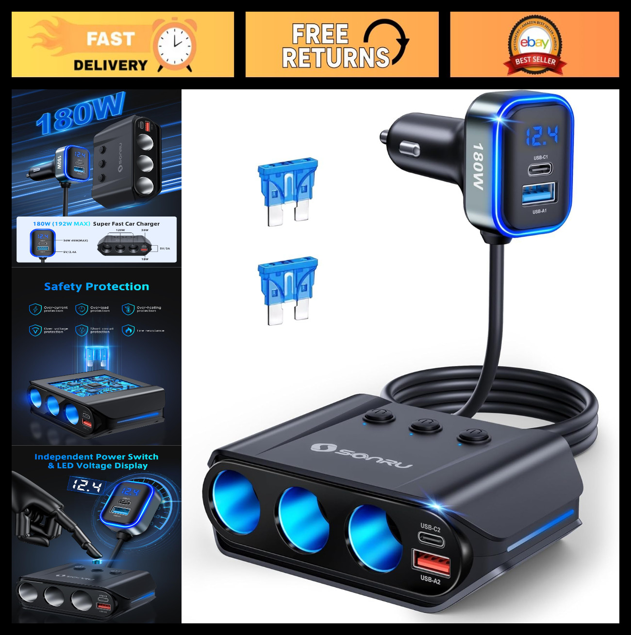 7-in-1 Car Cigarette Lighter Splitter Adapter, 180W 3-Socket with Dual PD & QC3.