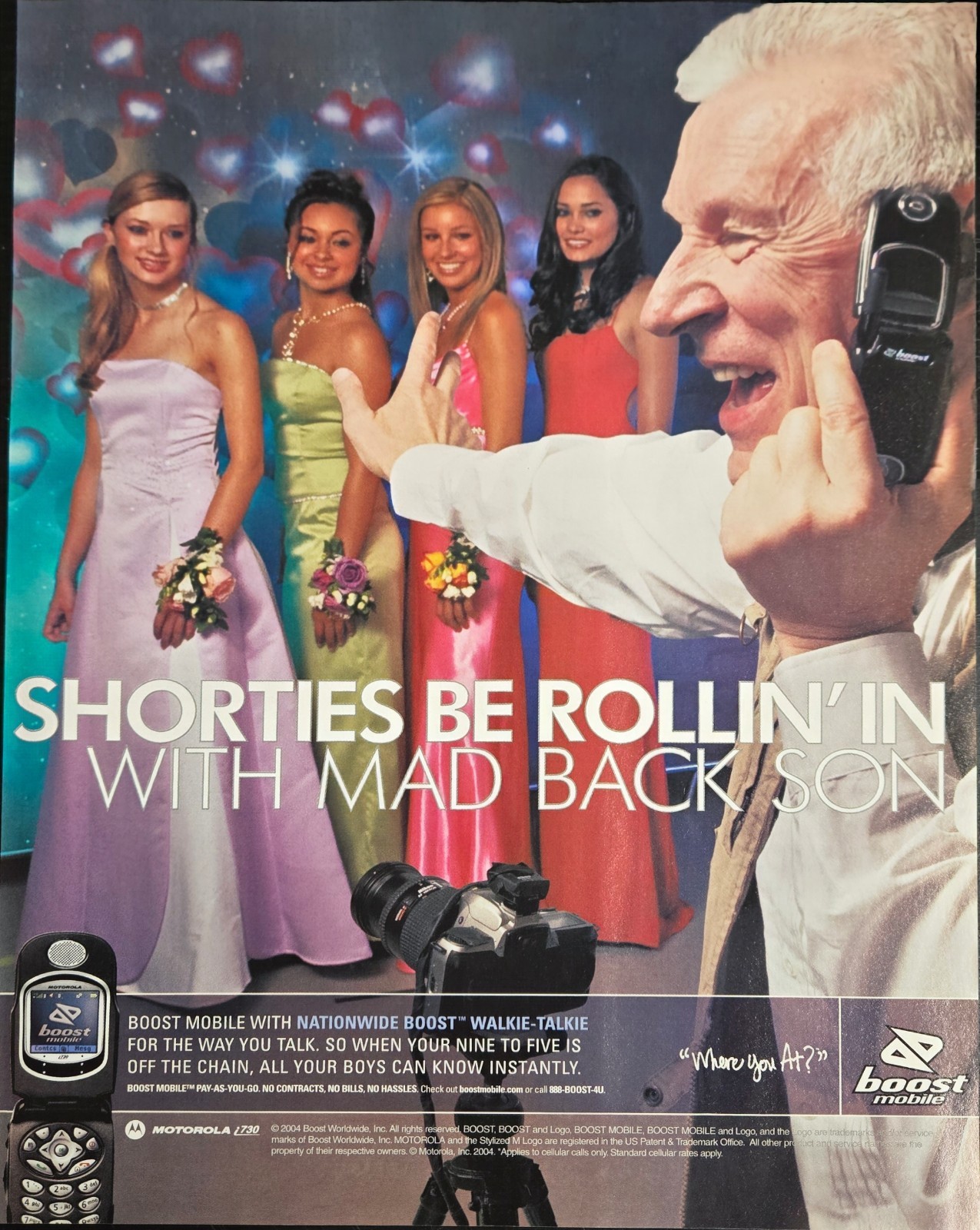 2004 Boost Mobile Motorola i730 Print Ad Shorties Be Rollin' Mad Back VTG Art
