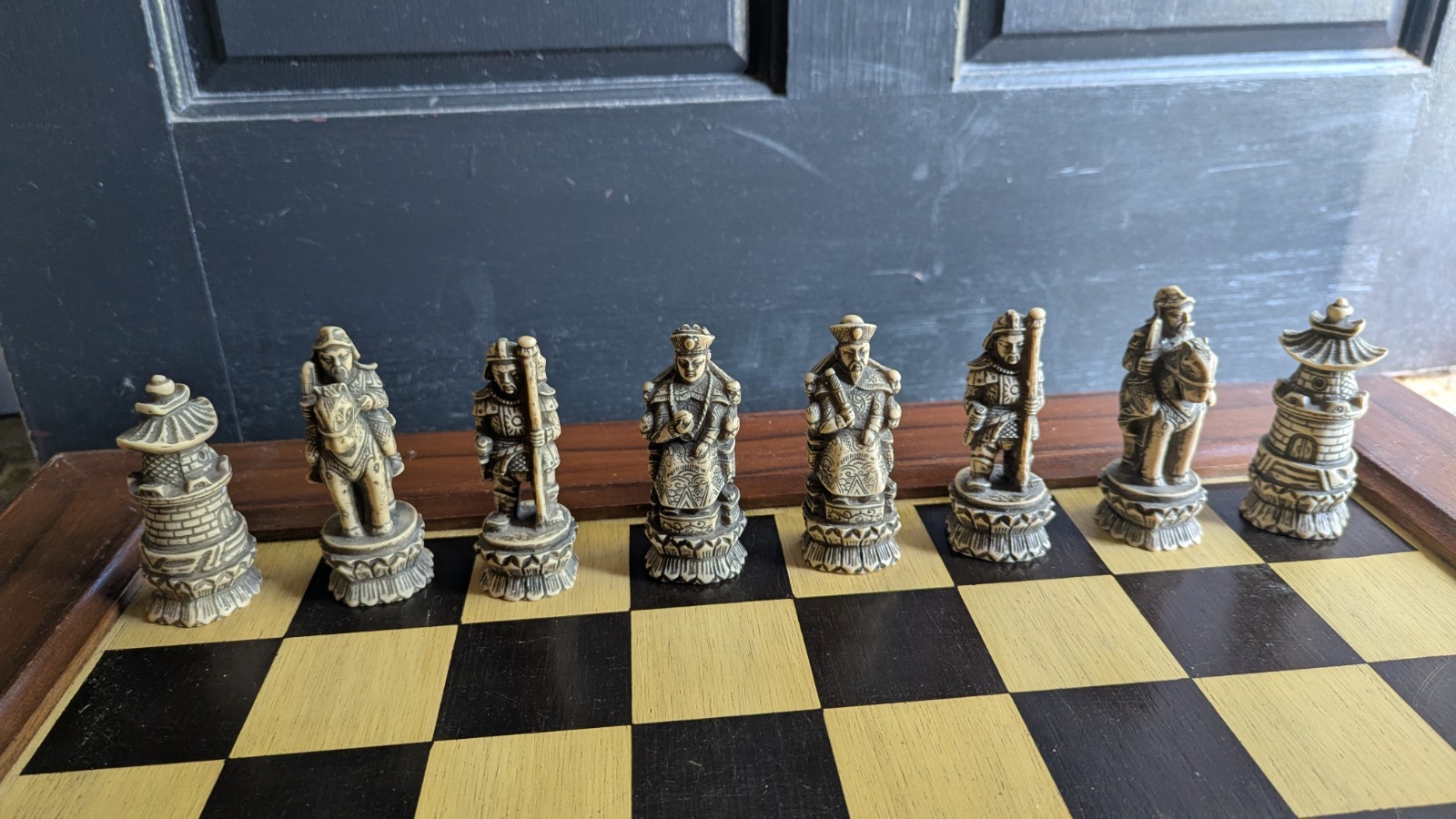 Vintage  Seven Lucky Gods of Japan Chess Set 32 Pc Shichifukujin Resin
