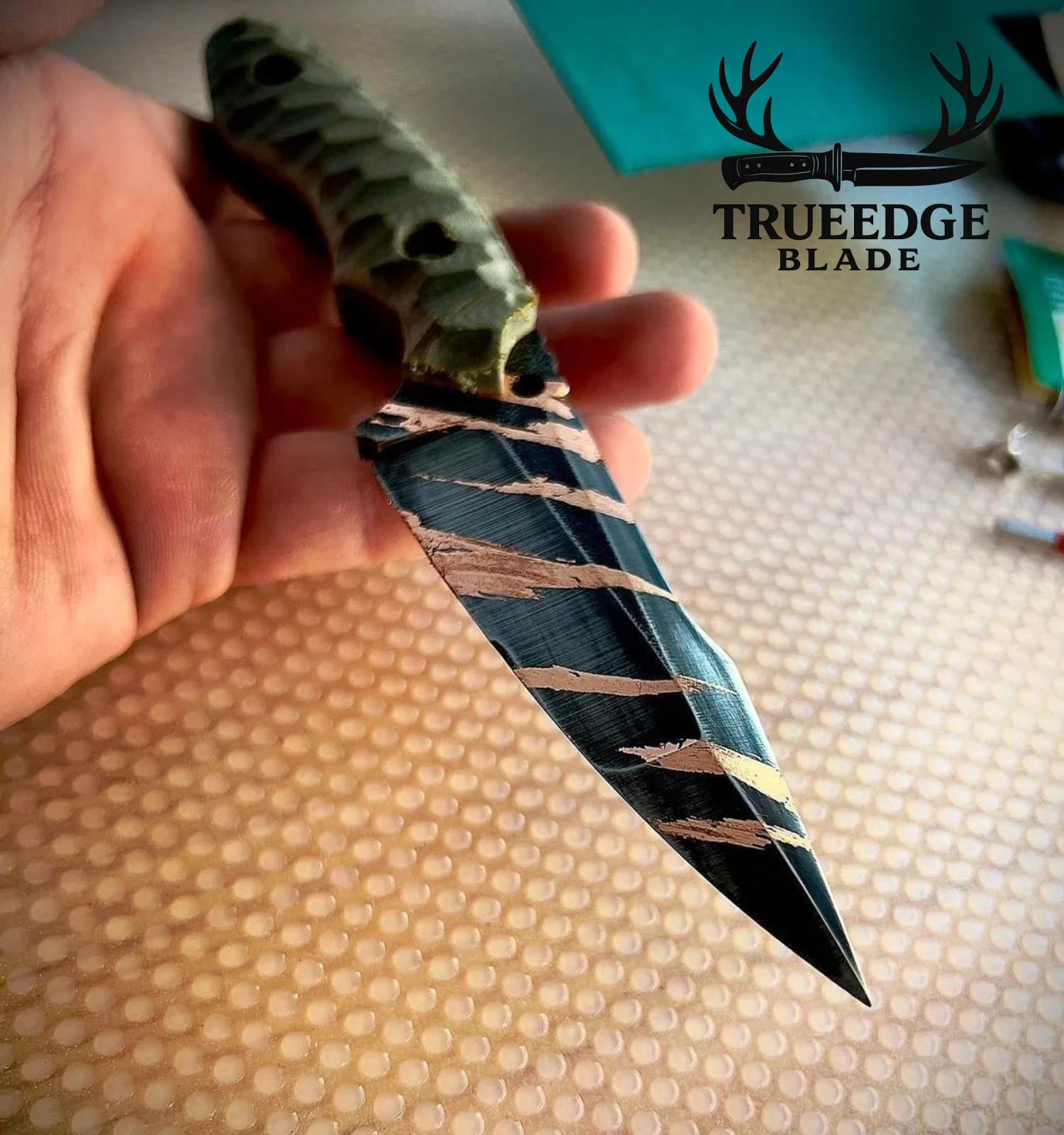 Custom HandForged Barracuda Copper Knife – Green Micarta & KydexStyle L-Sheath