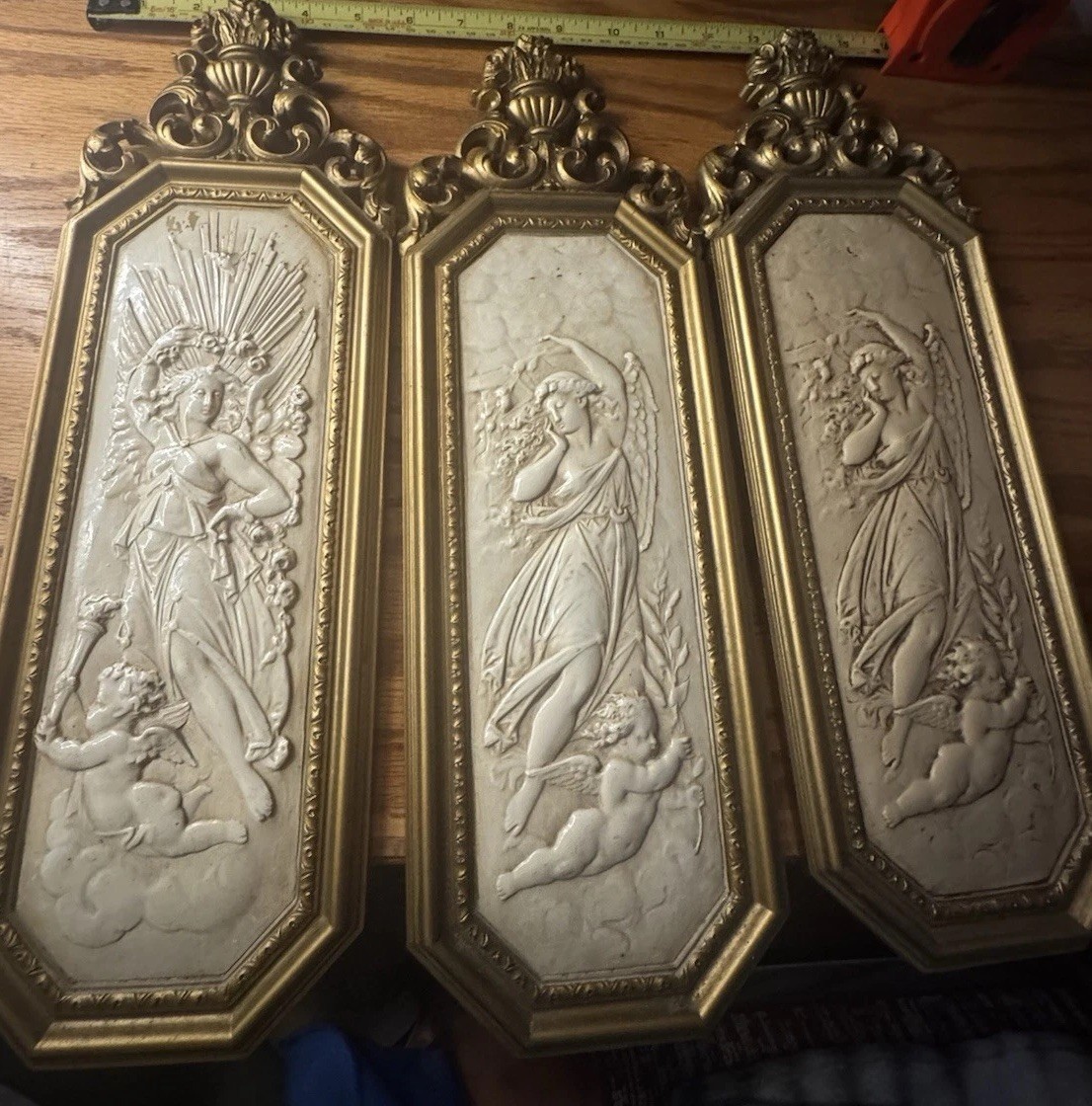 RARE Vintage 1967 Angel and Cherubs Wall Art with Gold tone frames Set of 3