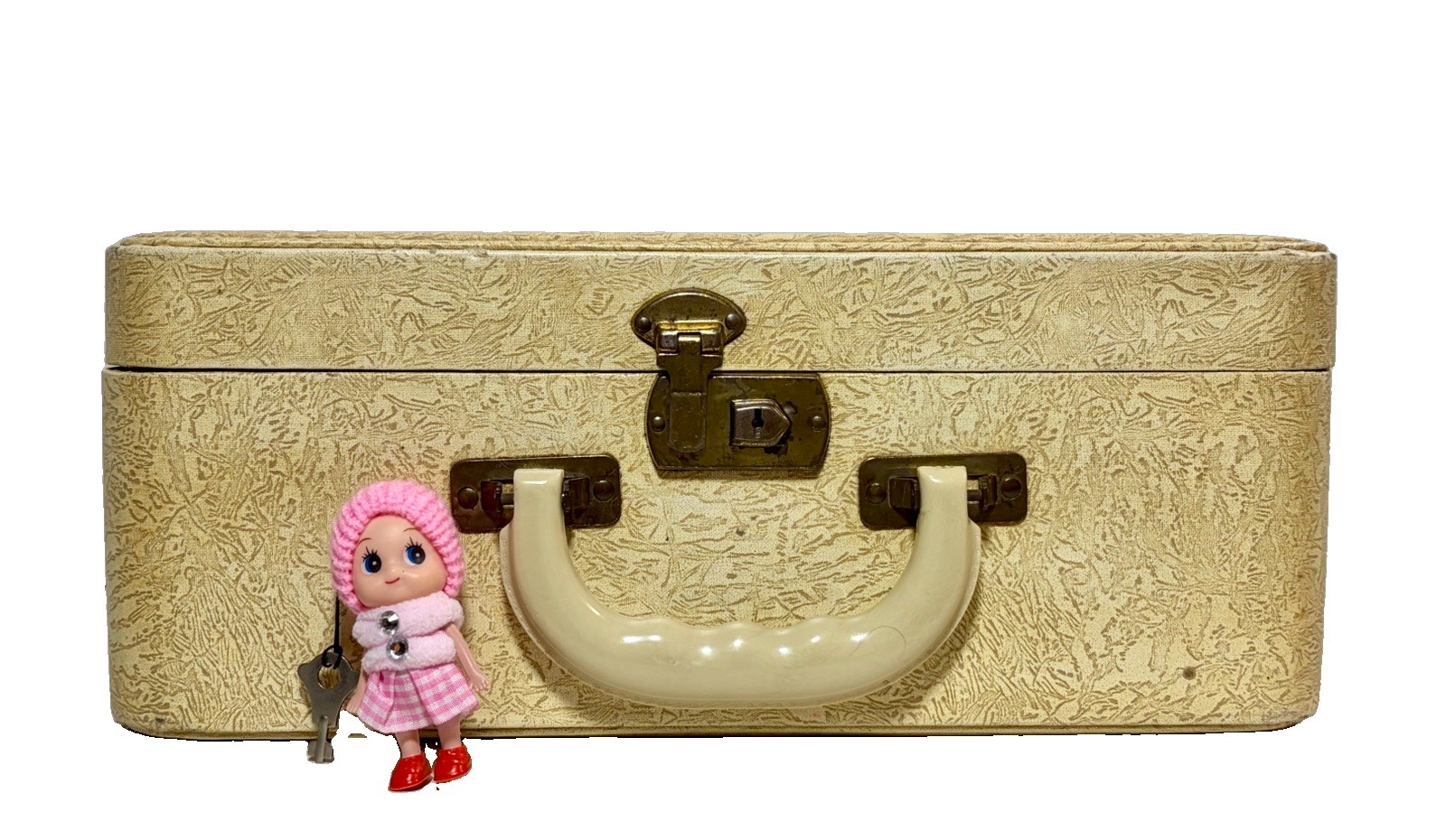 1950s Vintage Cream Embossed Vanity Train Case Mirror Key