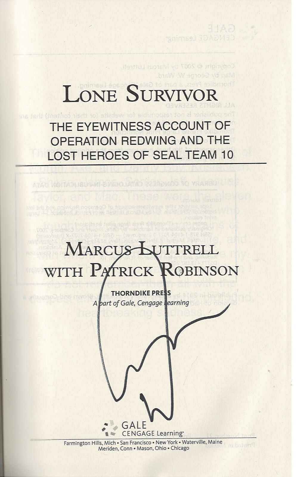 MARCUS LUTTRELL NAVY SEAL OPERATION RED WINGS  LONE SURVIVOR RARE SIGNED BOOK