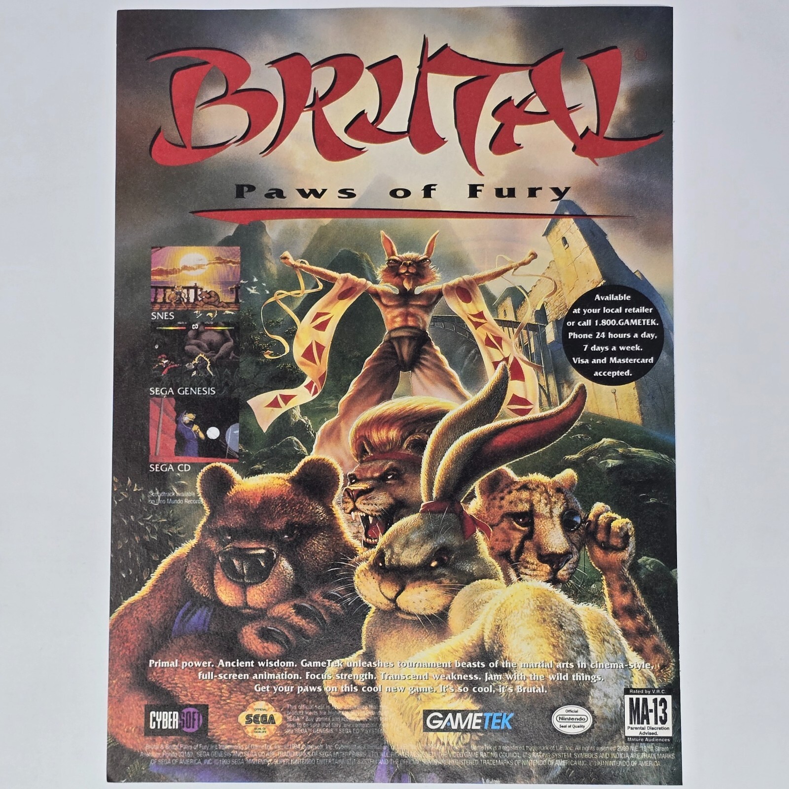 Brutal Paws of Fury Sega CD Genesis SNES Primal Print Ad/Poster Promo Art