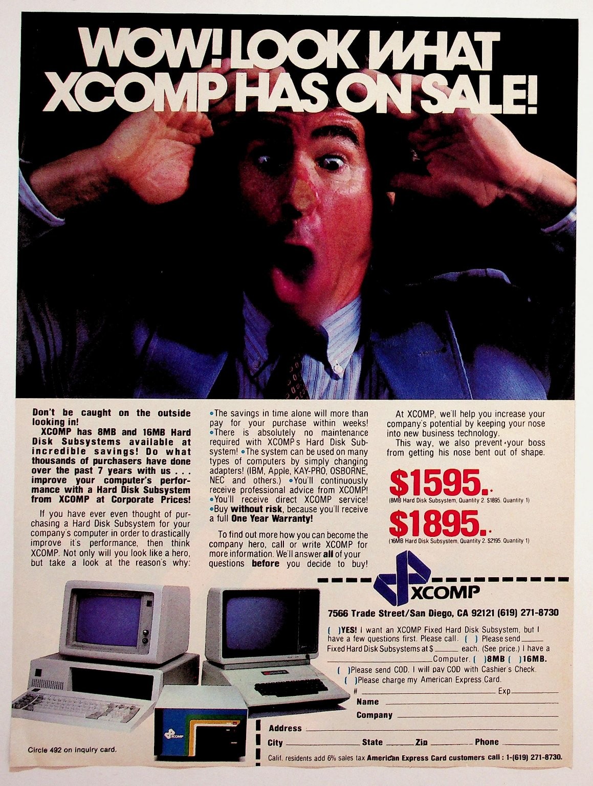 Vintage XCOMP Hard Disk Subsystem Computer Magazine Ad San Diego 8MB 16MB