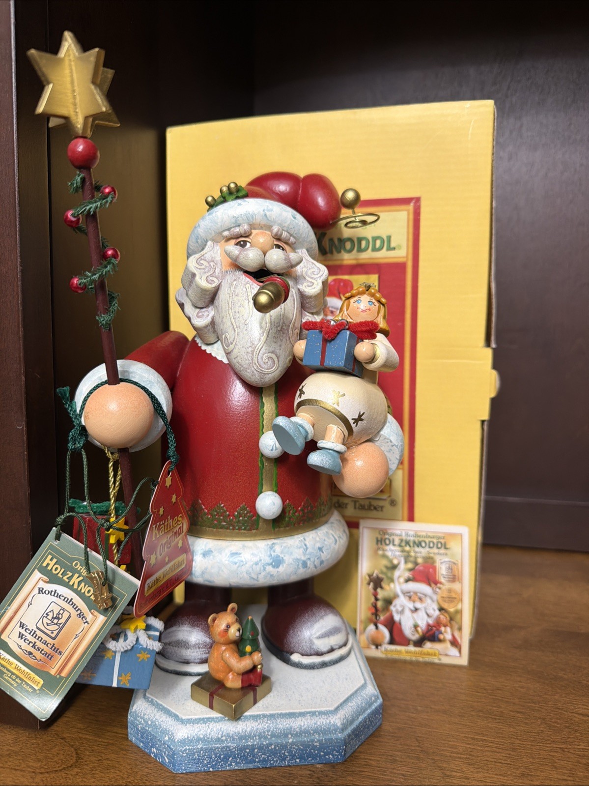 Holzknoddl Incense Smoker Kathe Wohlfahrt Santa w/ Angel Wooden Germany Vintage