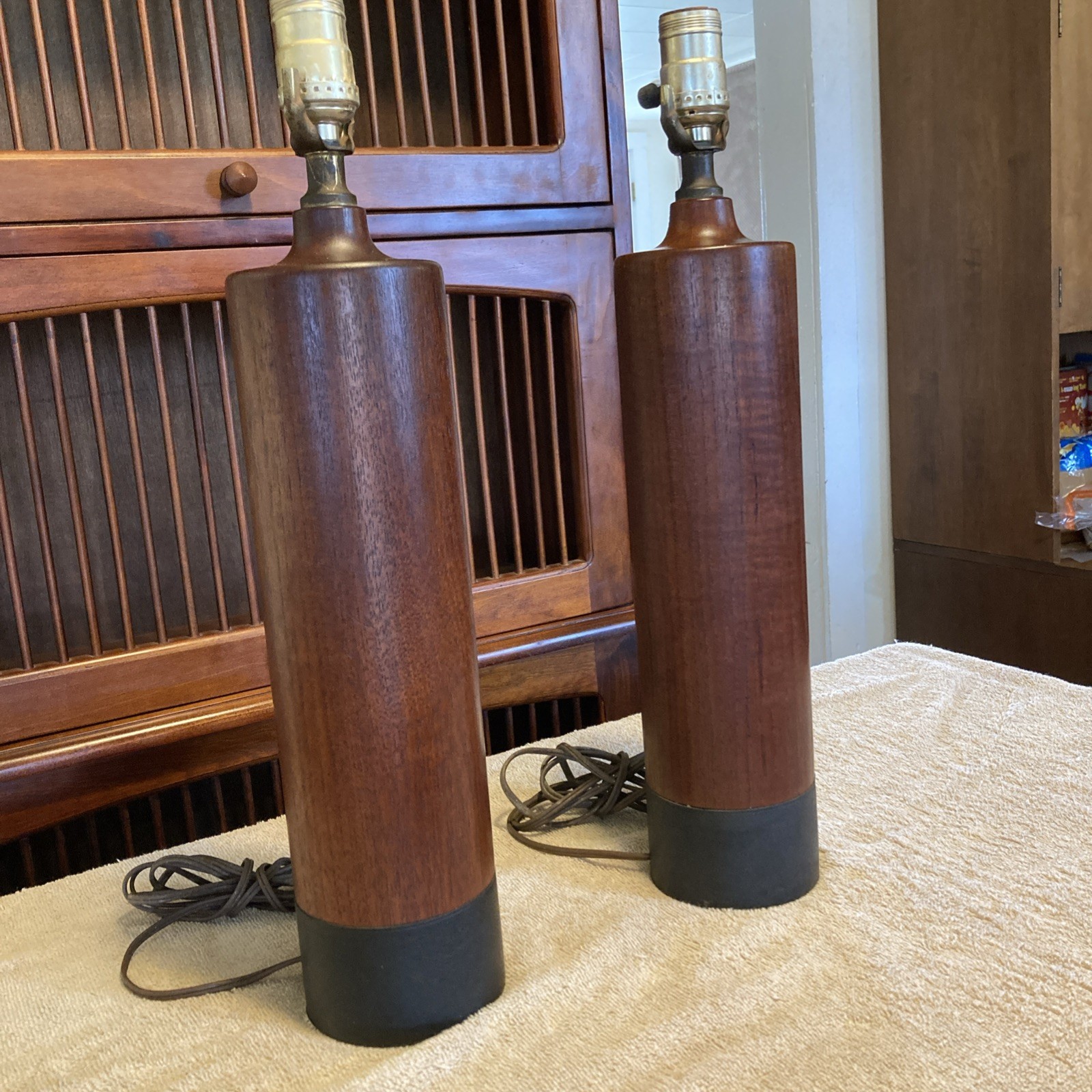 Pair MCM Elektro Special A/S Denmark 1960’s Vintage Old Growth Teak Lamps. ESA