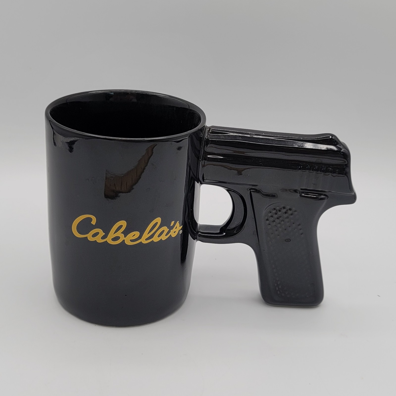 Cabela\'s Pistol Grip Handle Ceramic Coffee Mug Black & Gold Discontinued