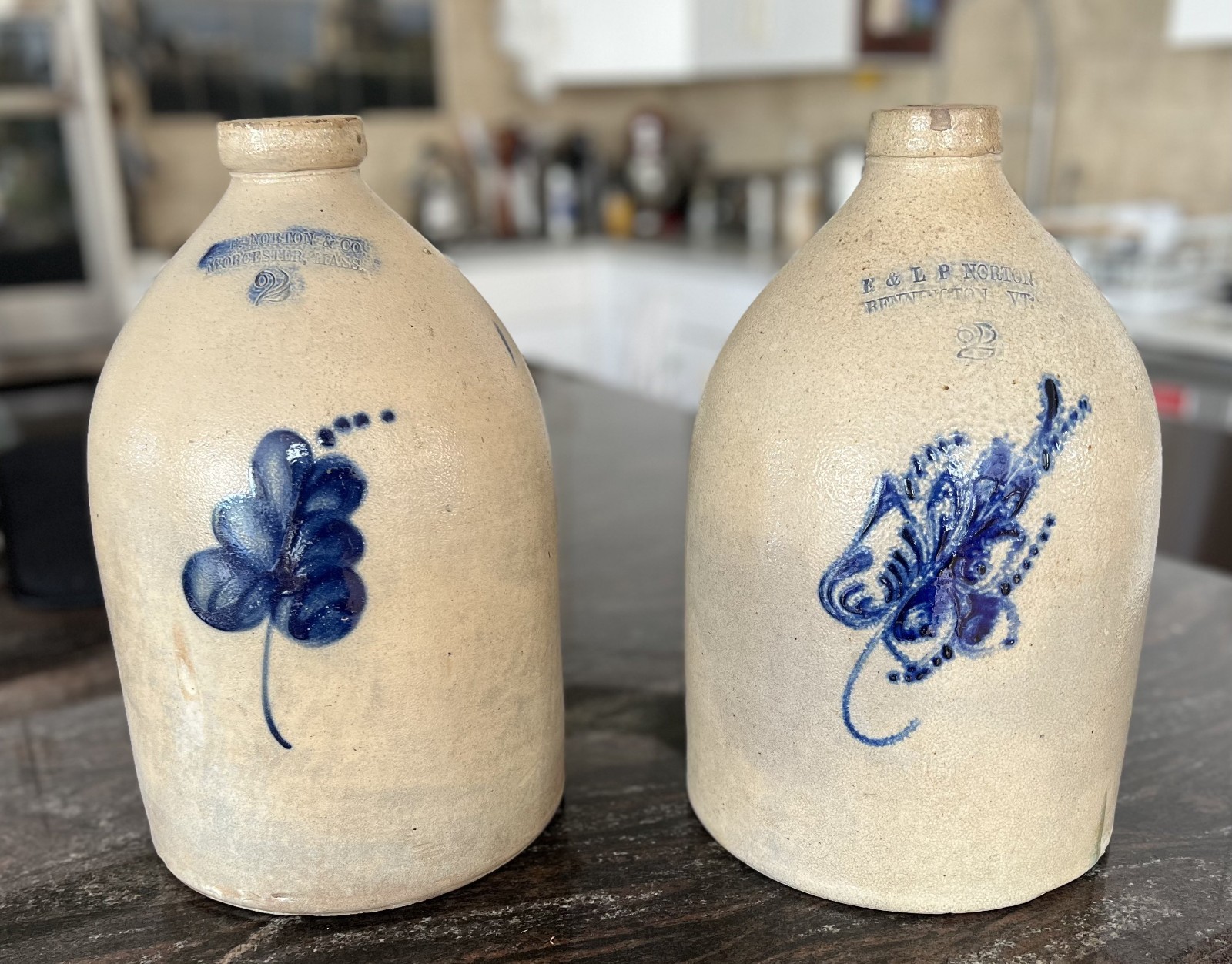 Antique Stoneware 2-Gal Jugs, late 1800’s - Set of two.