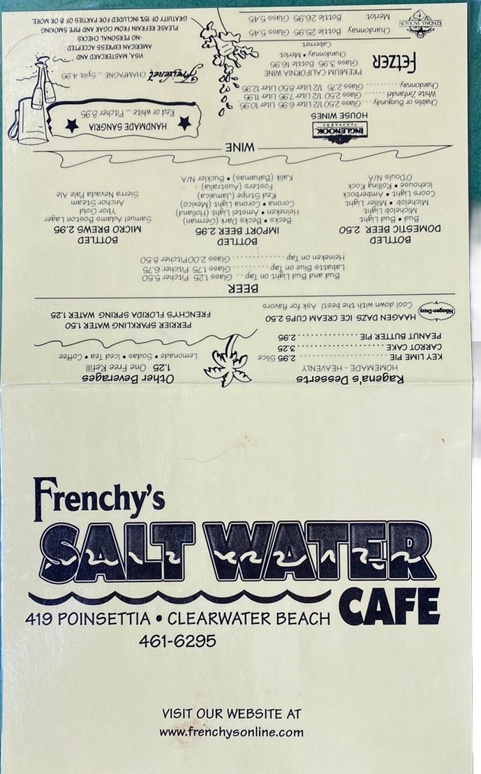 Frenchy's Salt Water Cafe Seafood Restaurant Menu Clearwater Beach Florida FL
