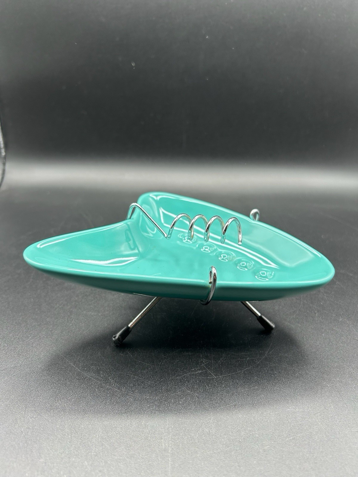 VTG Mid Century Modern Atomic Boomerang Ceramic Ashtray with Stand Glossy Teal