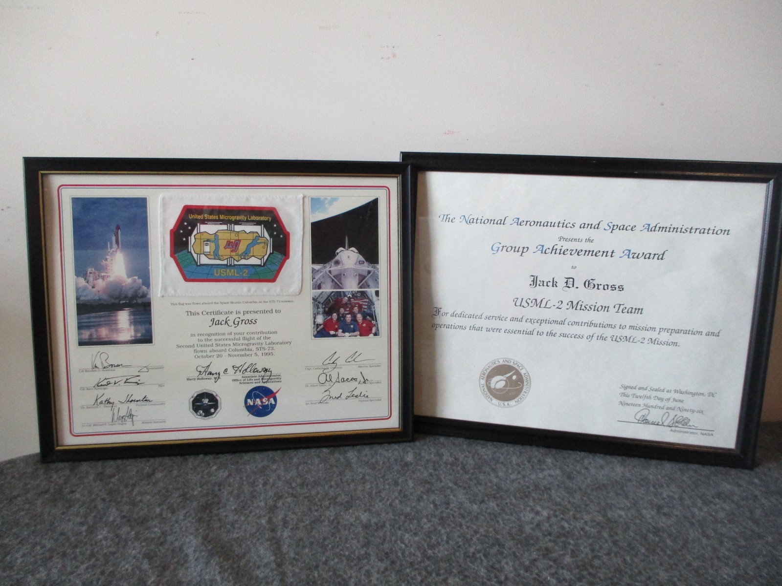 NASA SPACE SHUTTLE COLUMBIA STS-73 USML-2 MICROGRAVITY FLOWN FLAG CERT + AWARD