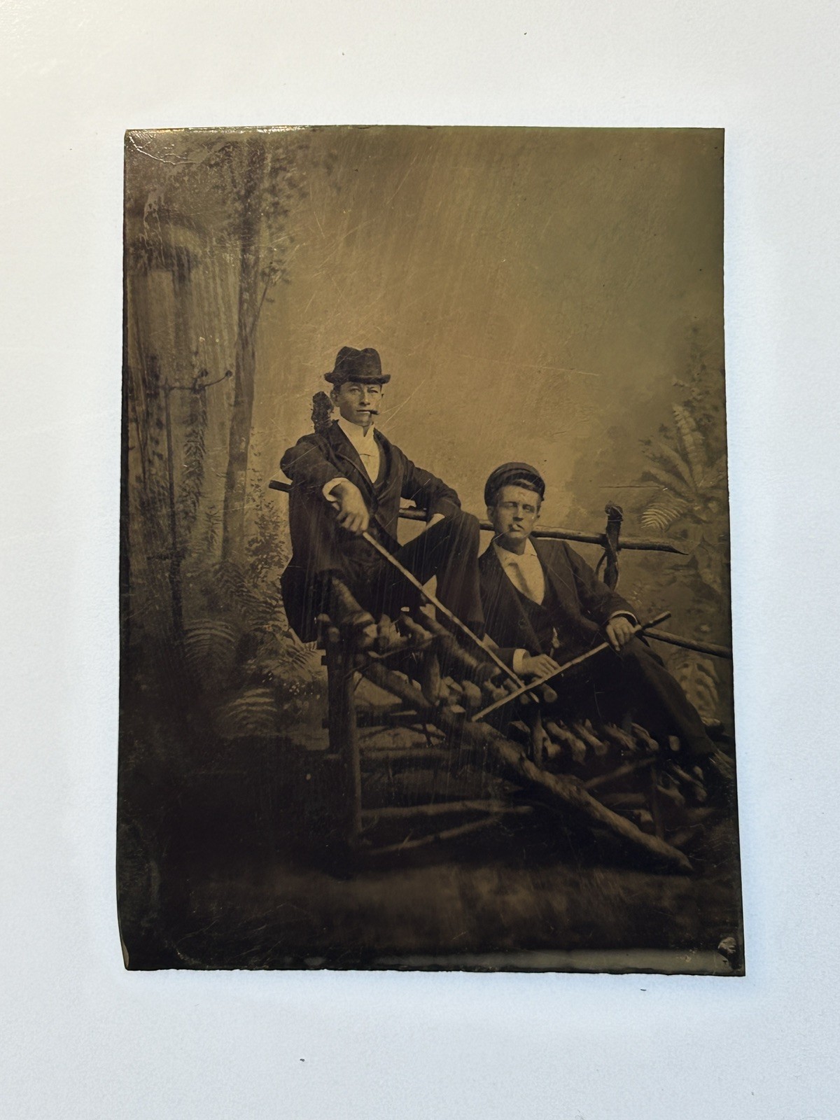 Antique 1800s Tintype Photo Two Victorian Men Hats Canes Rustic Studio Portrait