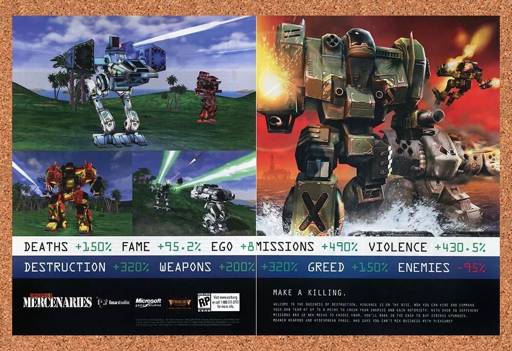 2001 MechWarrior 4 Mercenaries PC Original Advertisement / Retro Wall Art v2