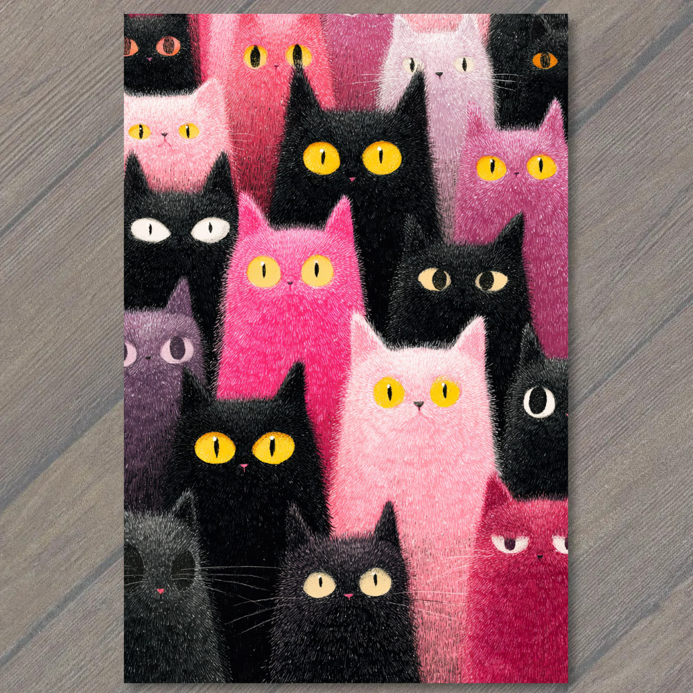 POSTCARD Pink Black Orange Cats Yellow Eyes Cute Feline Crowd Artwork