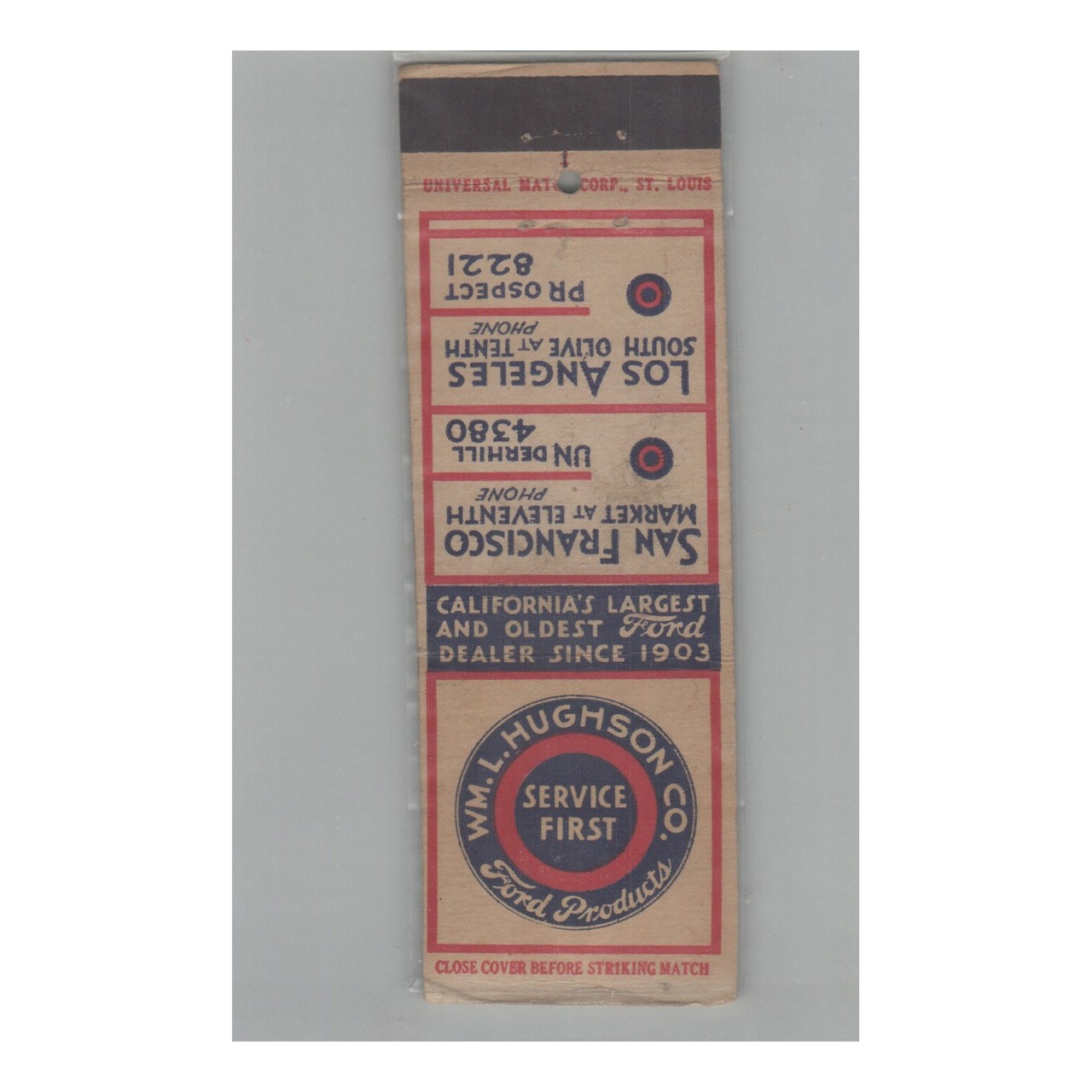 1920s-1930s Matchbook Cover California's Oldest Ford Auto Dealer Wm. L. Hughson