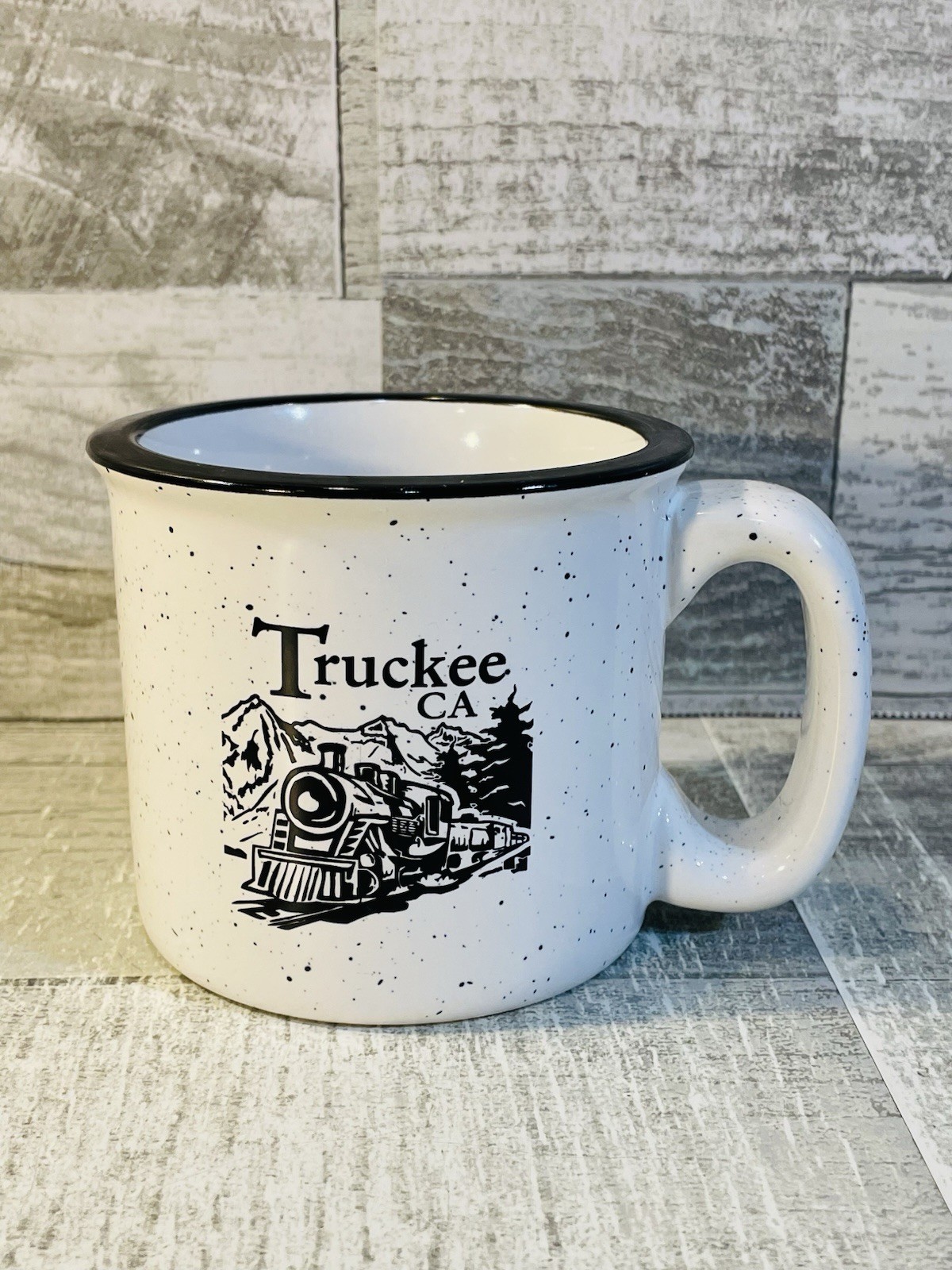 Vintage Truckee California Railroad White Black Stoneware Coffee Mug Cup