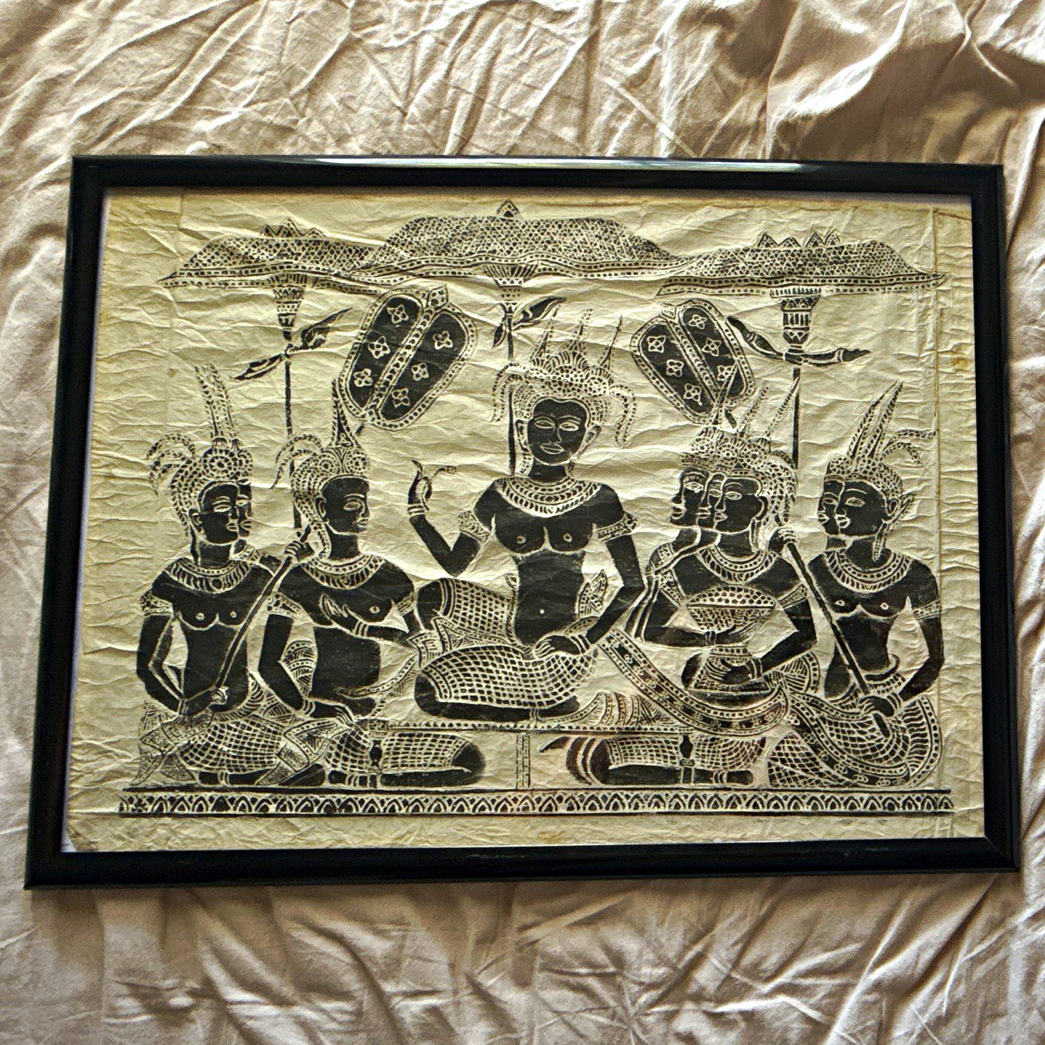 Vintage 1966 Angkor Wat Temple Rubbing Cambodian Rice Paper Art Pre-Ban 23”x17”